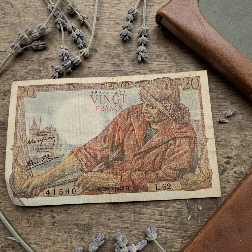 1943 France 20 Franc Note Pecheur Fisherman Paper Money Bills Vintage WW2 WWII